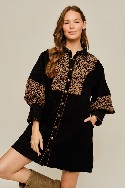 Leopard Contrast Button Front Corduroy Dress