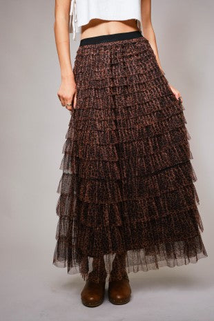 Elastic Waist Leopard Print Ruffle Tiered Midi Skirt