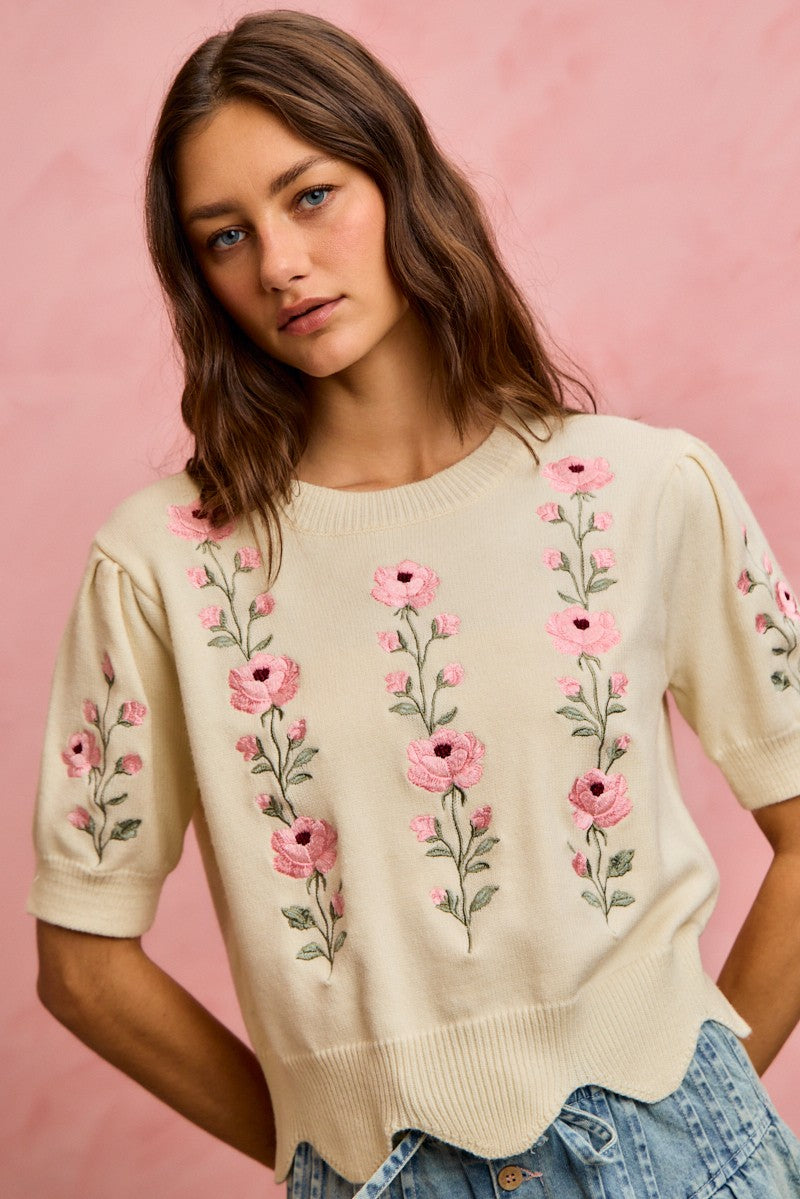 Floral Embroidered Short Sleeve Sweater