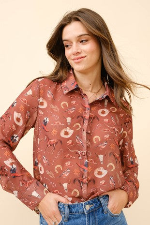Chiffon Western Print Button Up Blouse