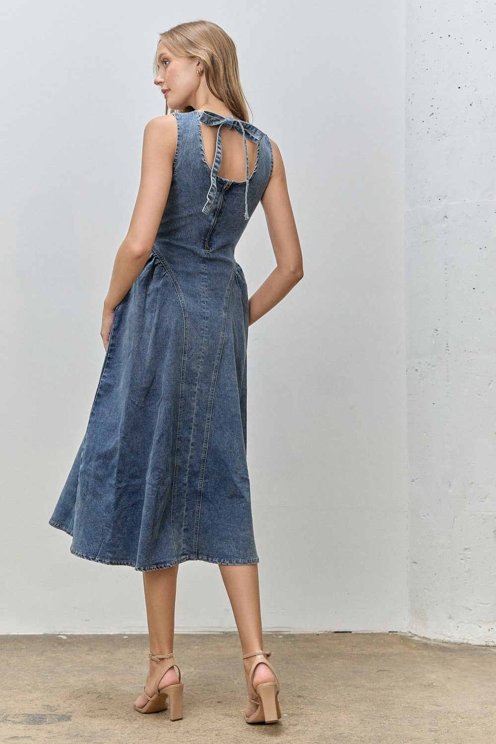 Tie Back Denim Midi Dress w/ Pockets