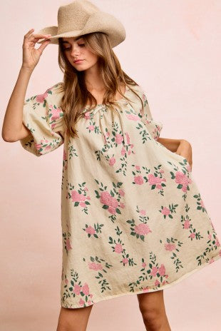 Square Neck Floral Print Denim Dress