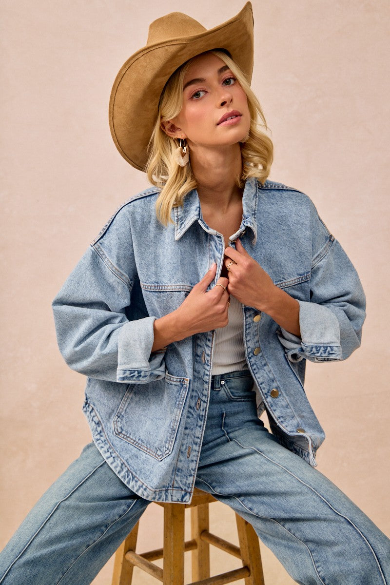 Washed Denim Jacket w/ Back Pleat