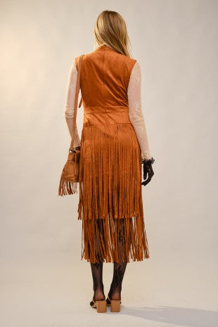 Faux Suede V-Neck Fringe Tiered Dress