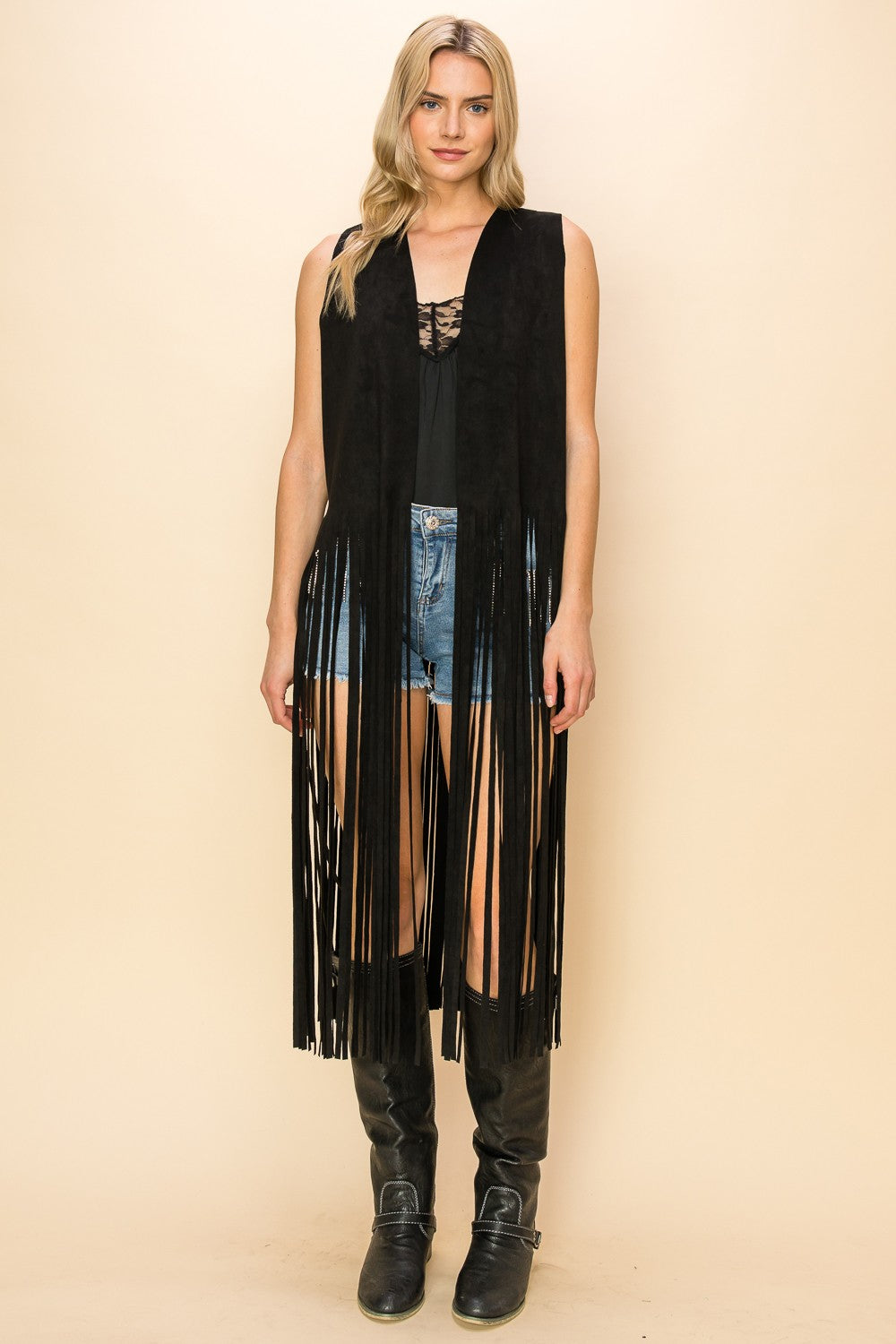 Long Fringe Sleeveless Suede Vest (Black)