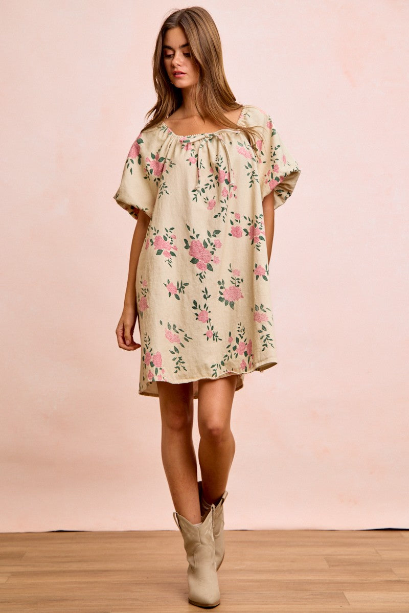 Square Neck Floral Print Denim Dress