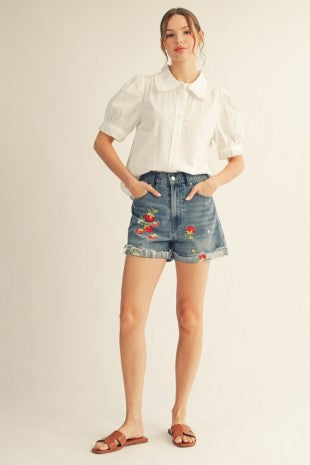 Elastic Back Strawberry Embroidered Denim Shorts