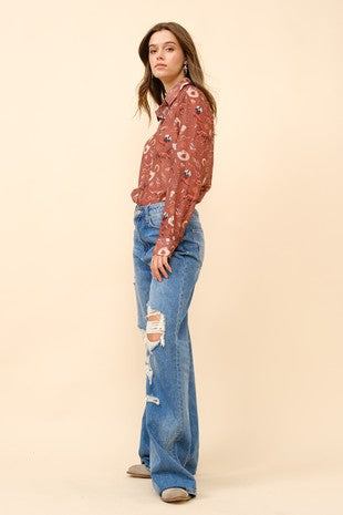 Chiffon Western Print Button Up Blouse