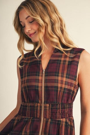 Front Zip Plaid Midi Dress