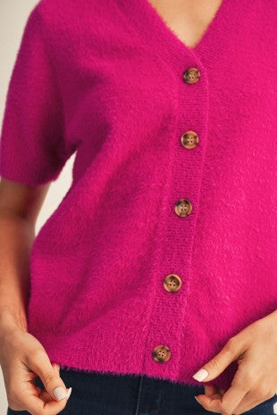 Short Sleeve V-Neck Fuzzy Cardigan