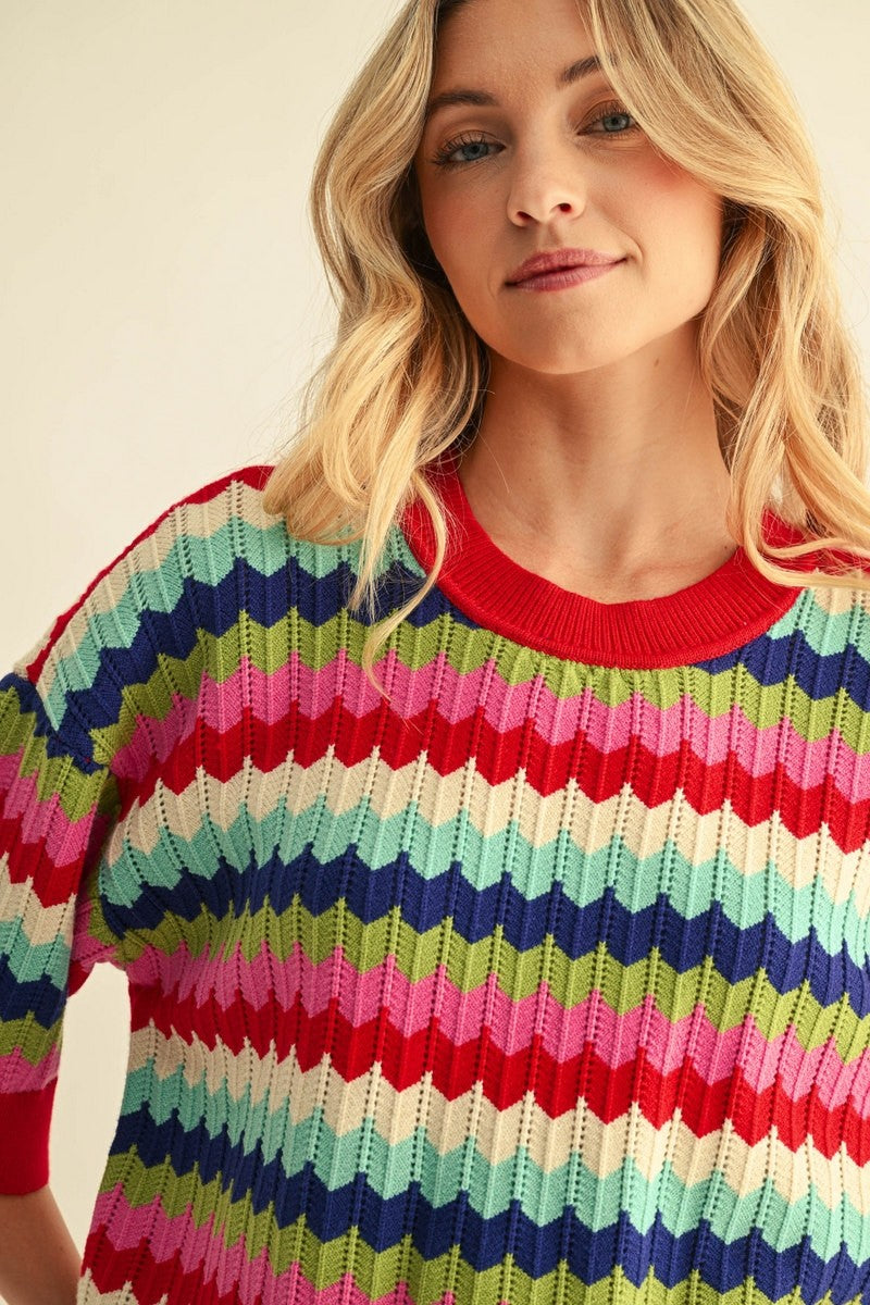 Multi Color Zig Zag Short Sleeve Sweater