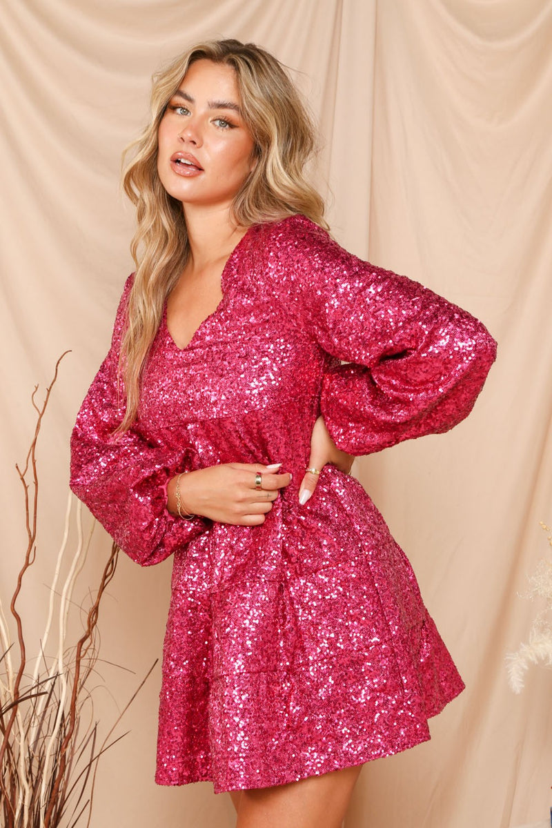 Long Sleeve Sequin Mini Dress (Pink)
