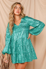Long Sleeve Sequin Mini Dress (Green)