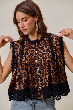 Floral Eyelet Trim Sleeveless Leopard Print Blouse