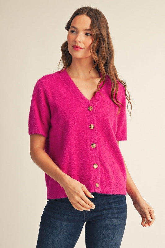 Short Sleeve V-Neck Fuzzy Cardigan