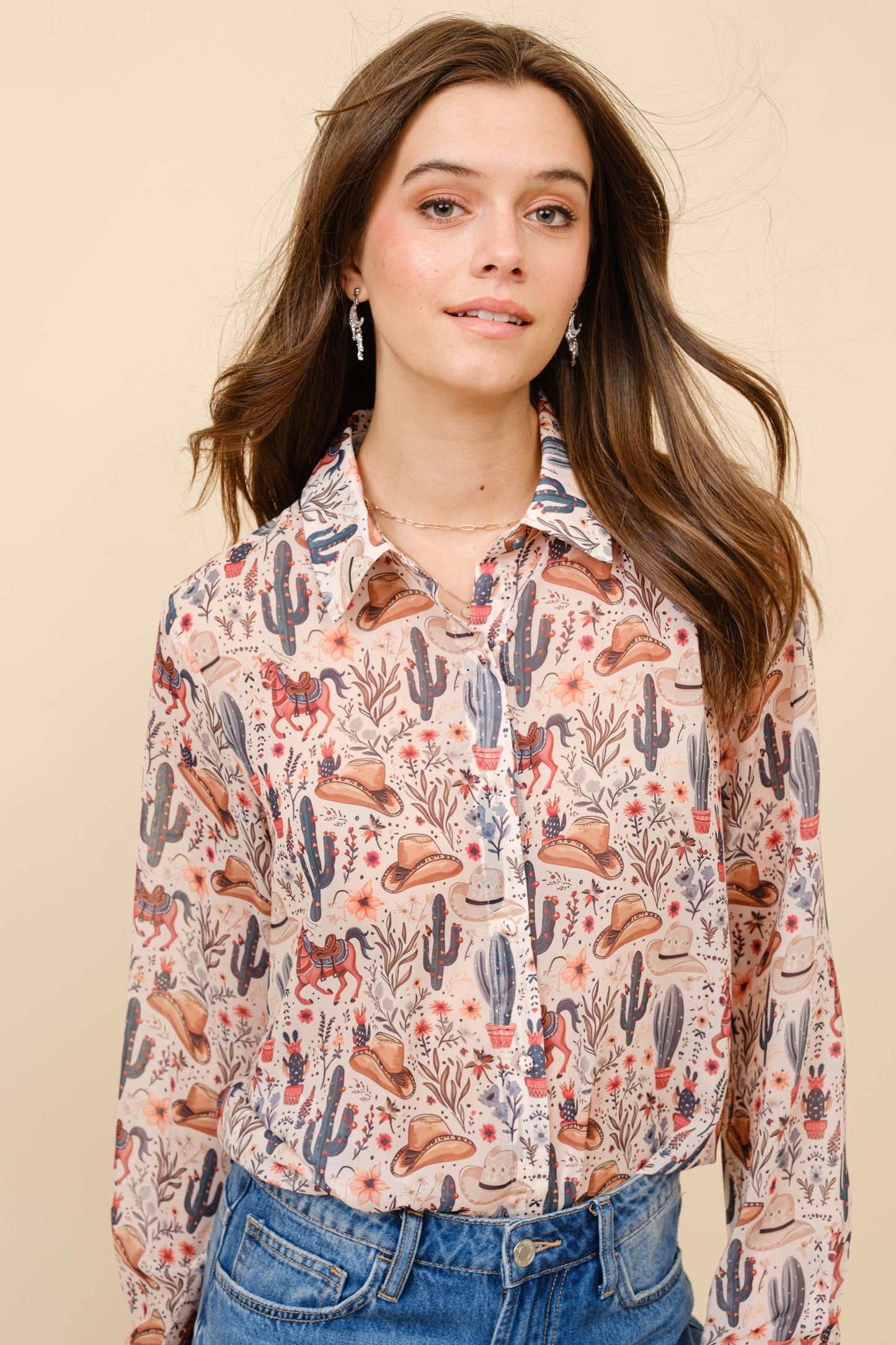 Chiffon Western Print Button Up Blouse