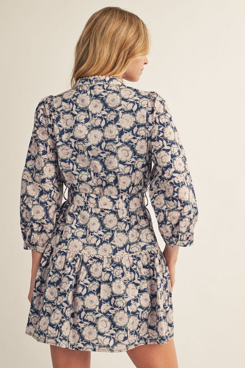 Scallop Trim Long Sleeve Floral Print Dress