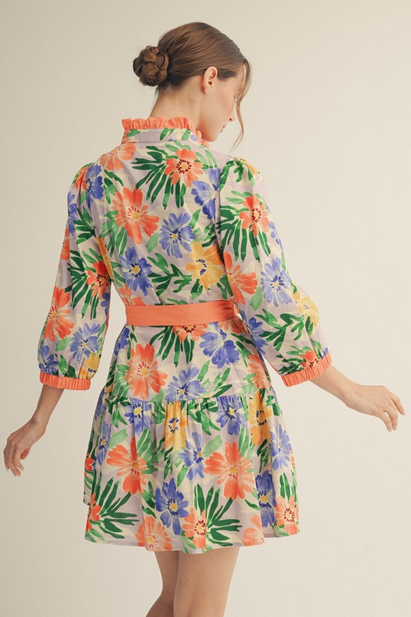 Waist Tie Floral Tiered Dress