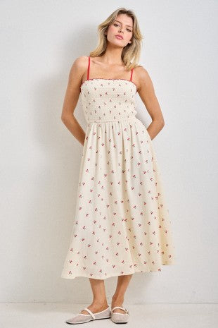 Cherry Print Smocked Bodice Midi Dress (XS - 3X)