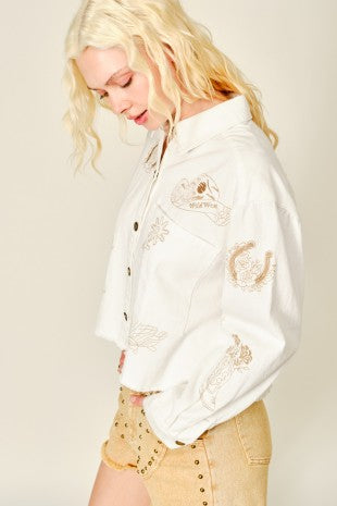 Western Print Cropped Denim Jacket