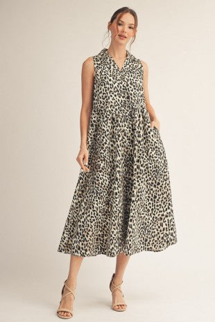 Sleeveless Leopard Print Midi Dress w/ Pockets