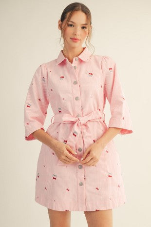 Embroidered Button Front Denim Dress w/ Tie Belt