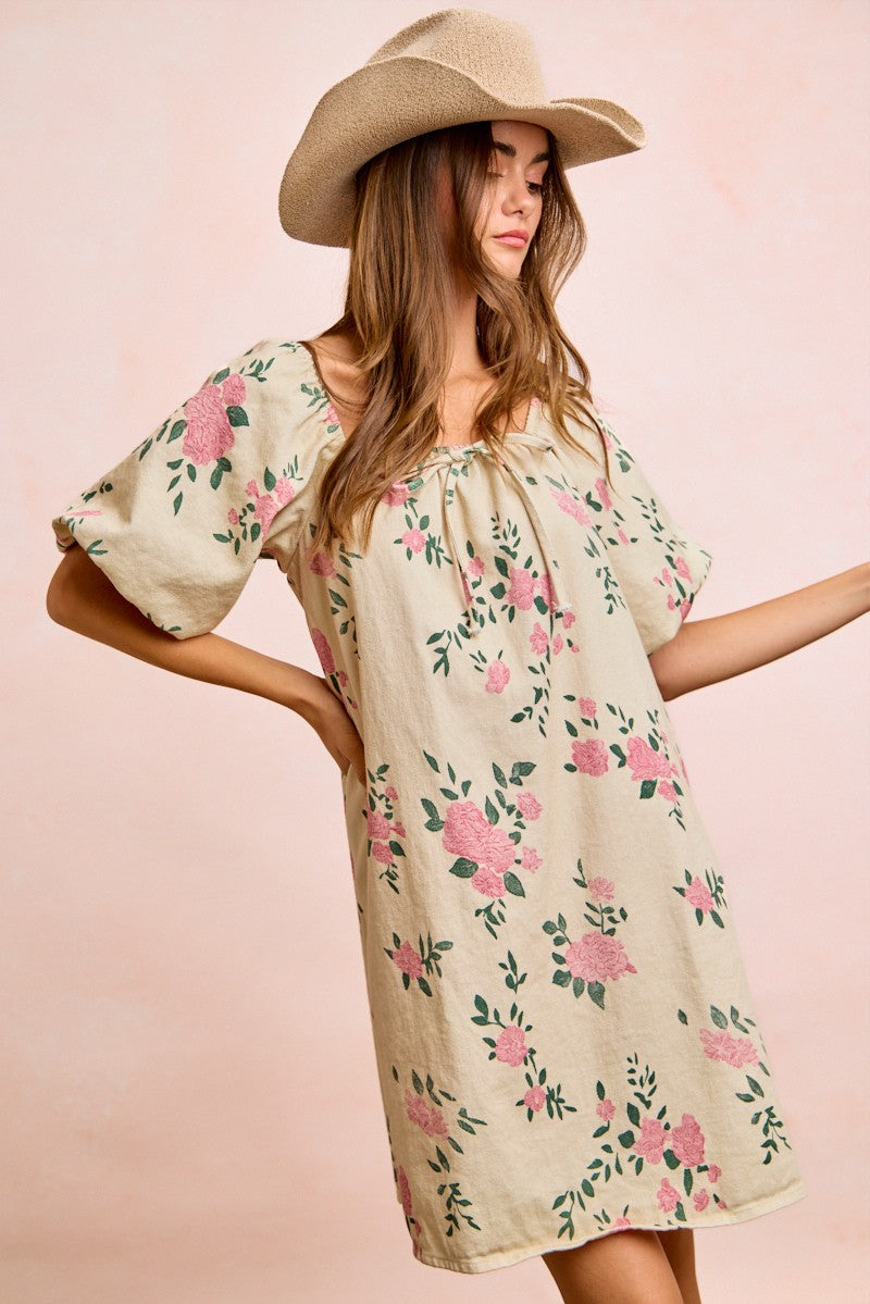 Square Neck Floral Print Denim Dress