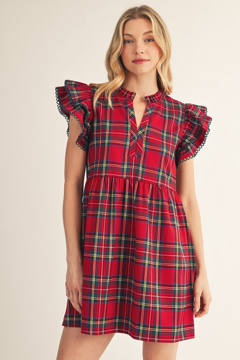 Double Ruffle Sleeve Plaid Dress