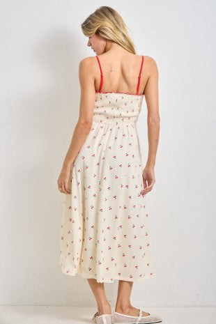 Cherry Print Smocked Bodice Midi Dress (XS - 3X)