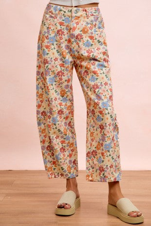 Floral Print Twill Barrel Leg Pants (1X - 3X)