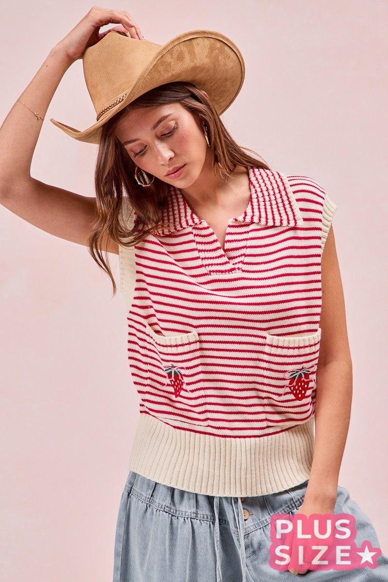 Double Pocket Stripe Strawberry Knit Top (Plus Size)