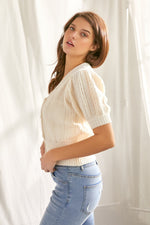 Knit Puff Sleeve Button Front Sweater