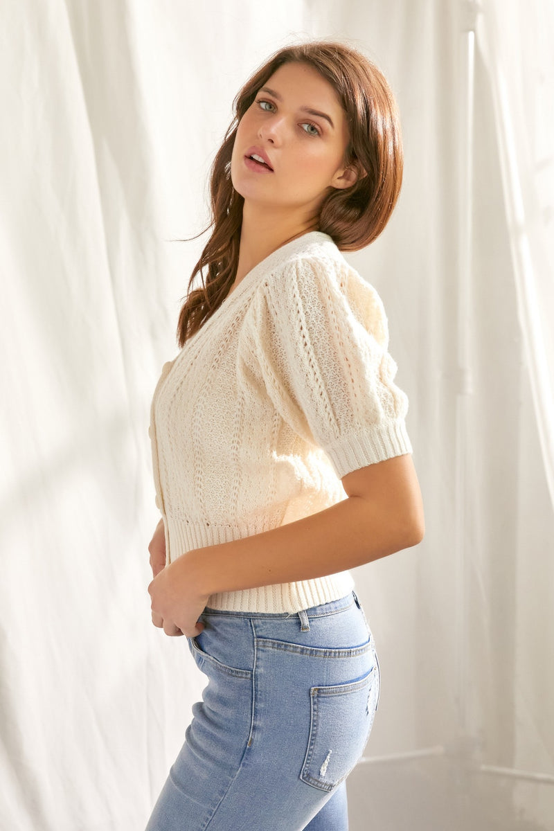 Knit Puff Sleeve Button Front Sweater