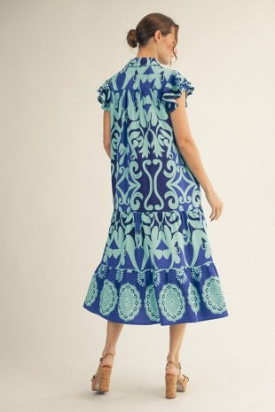 Bold Print Tiered Midi Dress w/ Pockets