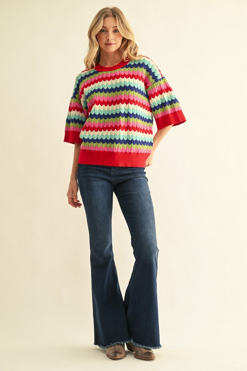 Multi Color Zig Zag Short Sleeve Sweater