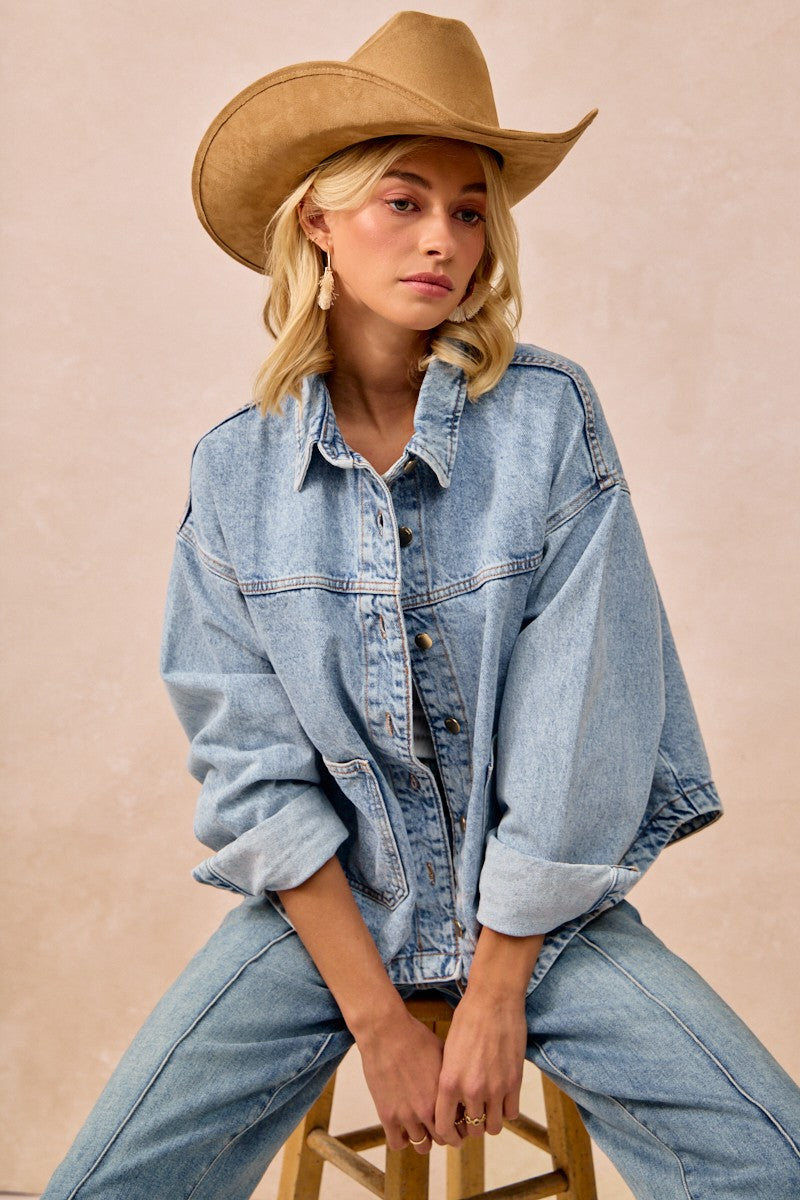 Washed Denim Jacket w/ Back Pleat