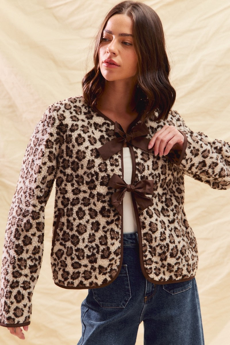 Leopard Sherpa Jacket with Bows