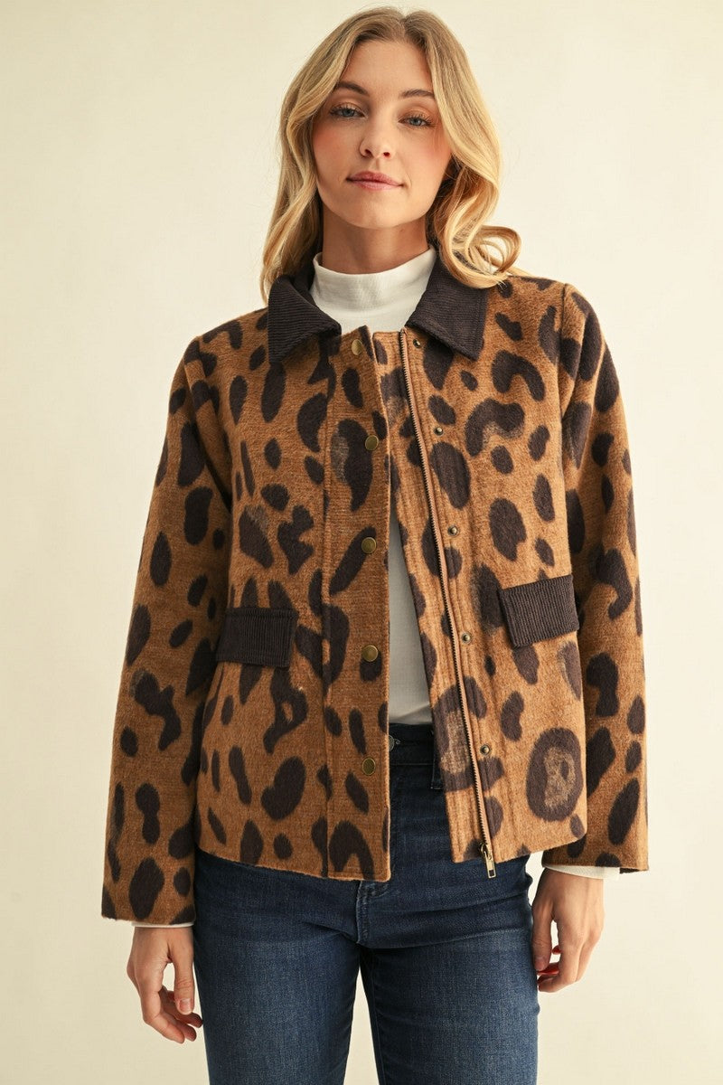 Corduroy Contrast Animal Print Barn Jacket