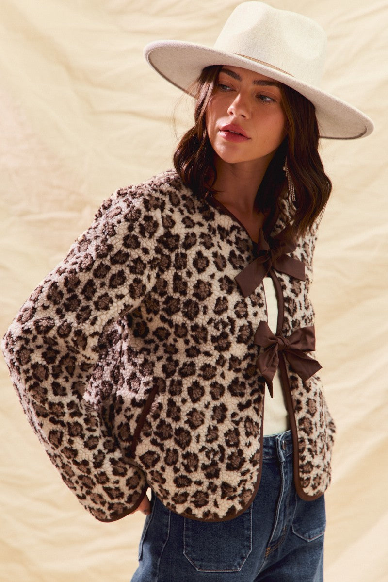 Leopard Sherpa Jacket with Bows