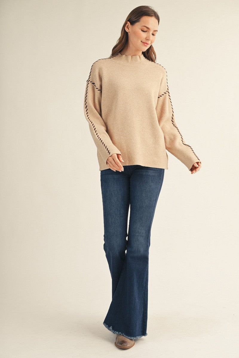 Contrast Stitch Accent Mock Neck Sweater (Oatmeal)