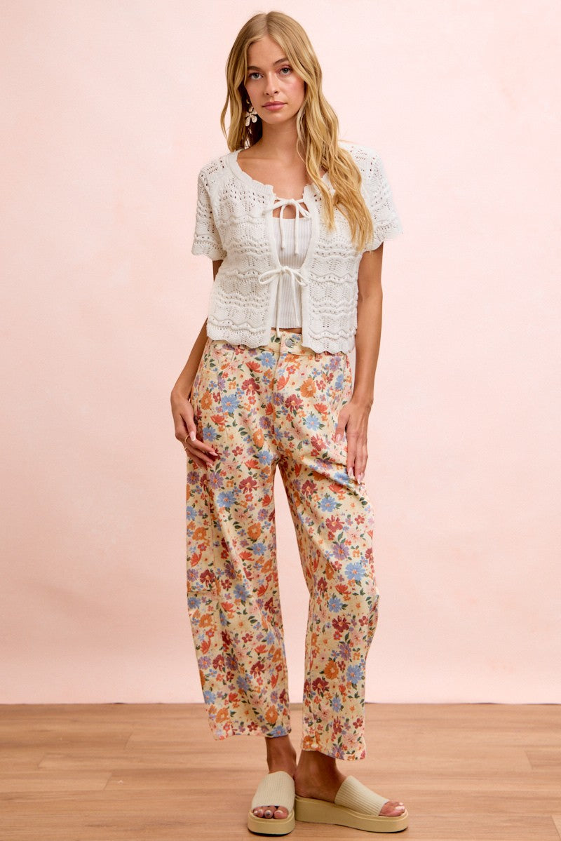 Floral Print Twill Barrel Leg Pants (1X - 3X)