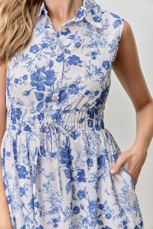 Blue Floral Print Collared Midi Dress (S - XL)