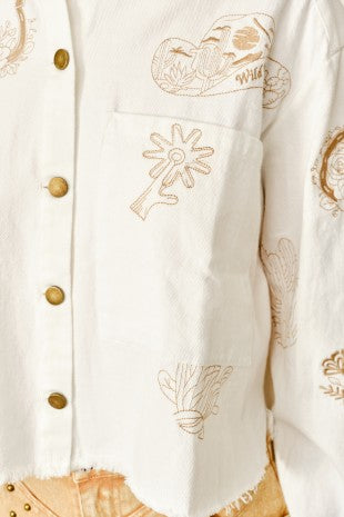 Western Print Cropped Denim Jacket