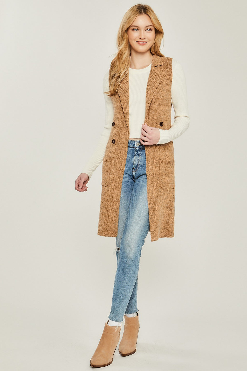 Sleeveless Long Open Cardigan (Camel)