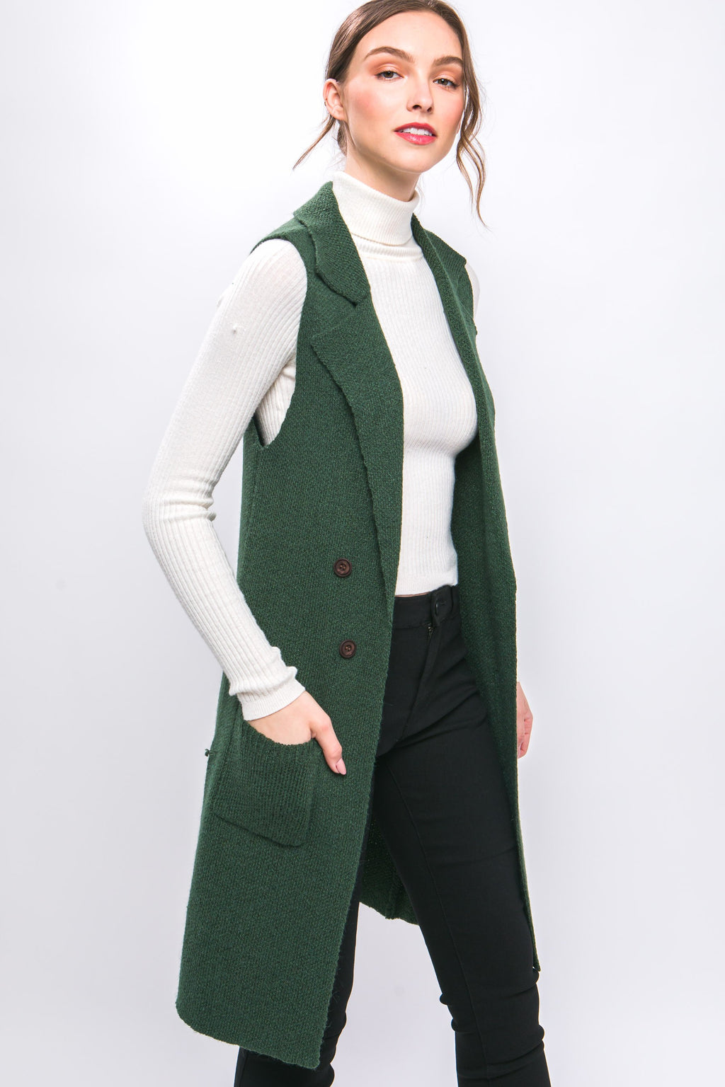 Sleeveless Long Open Cardigan (Green)