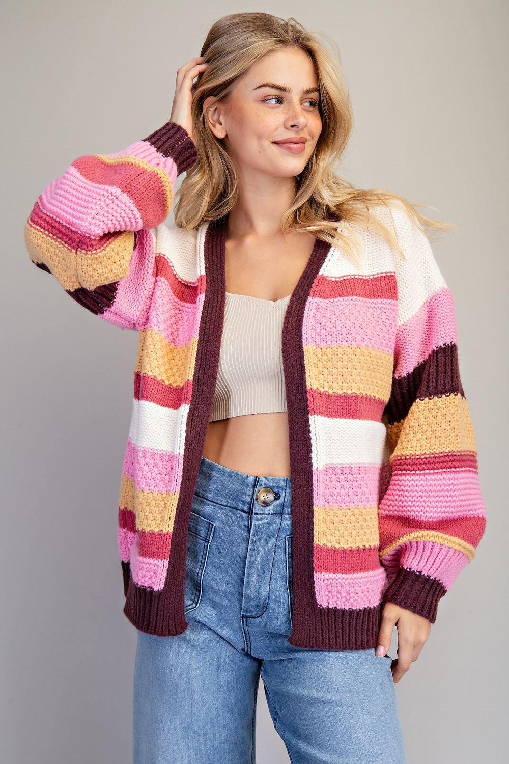 Multicolor Striped Long Sleeve Open Cardigan