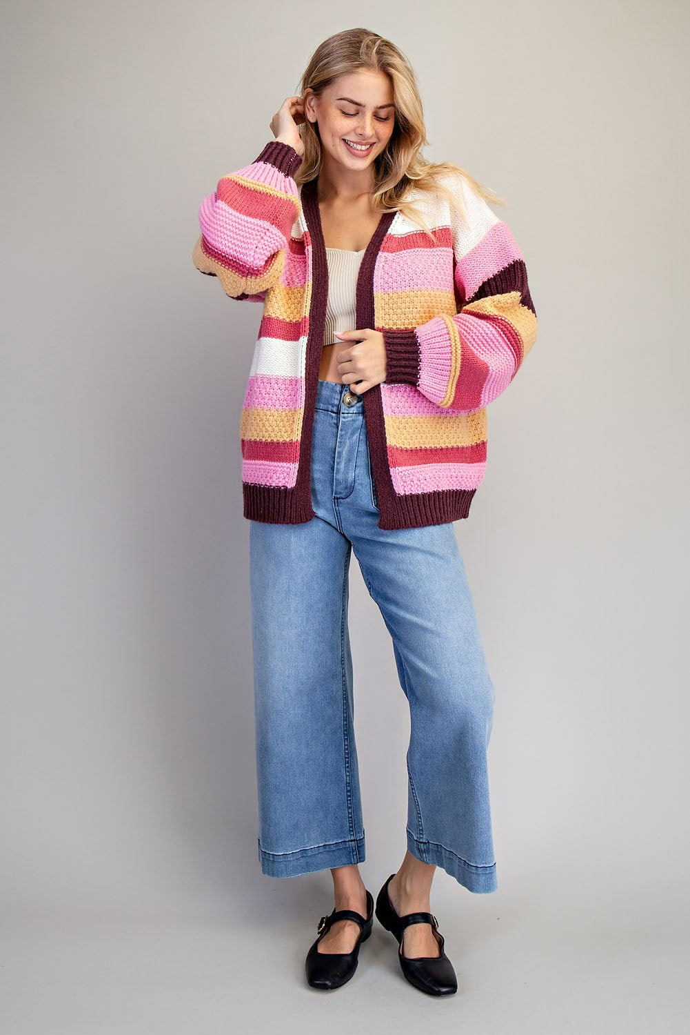Multicolor Striped Long Sleeve Open Cardigan