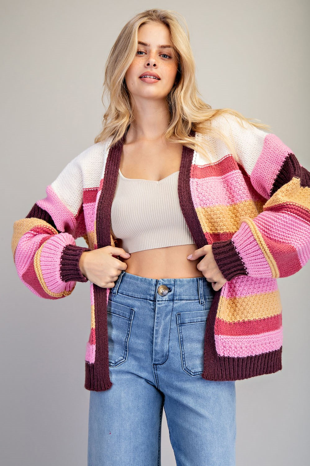 Multicolor Striped Long Sleeve Open Cardigan