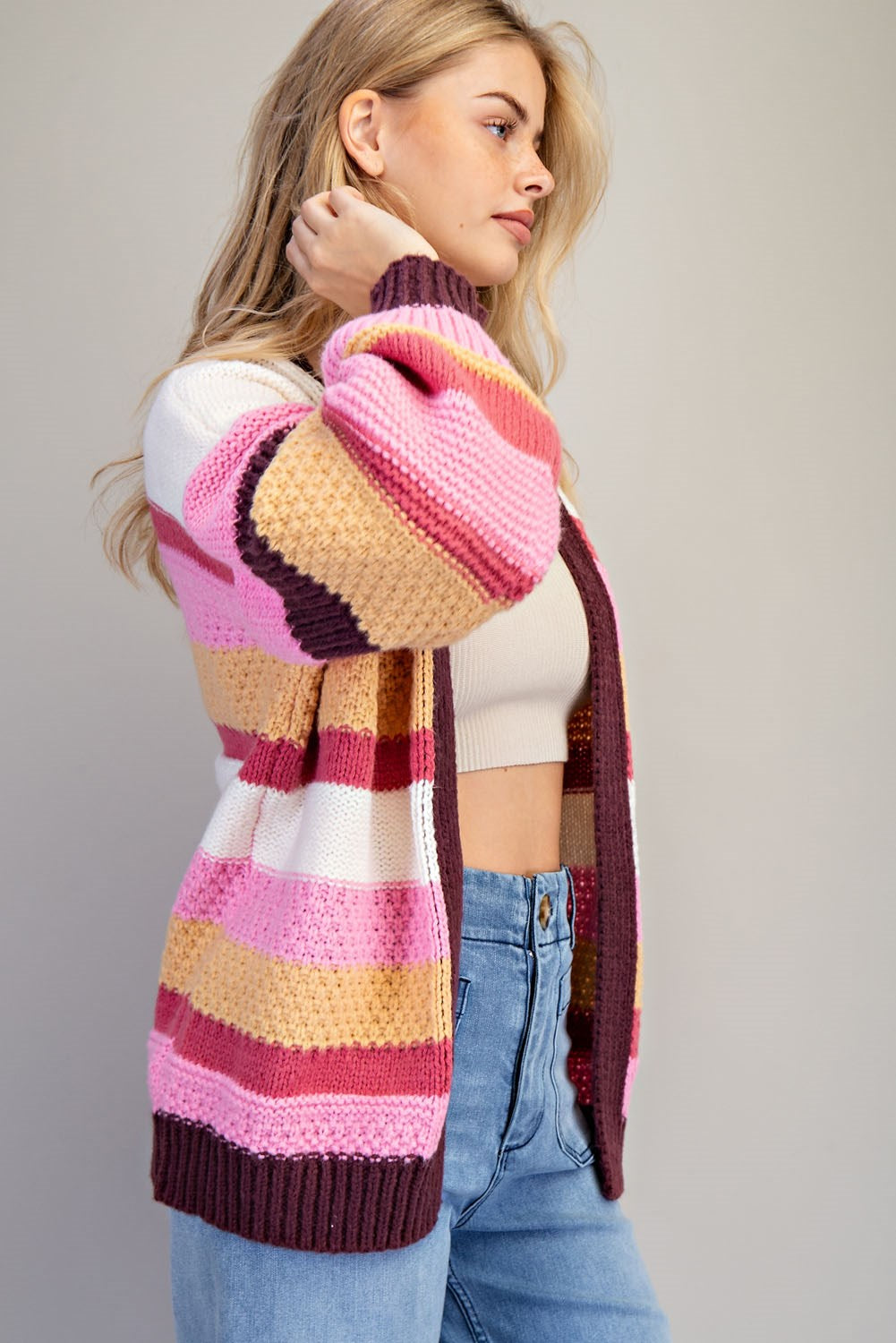 Multicolor Striped Long Sleeve Open Cardigan