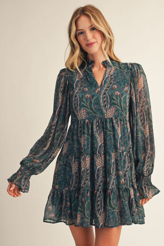 Puff Sleeve Fall Floral Chiffon Dress